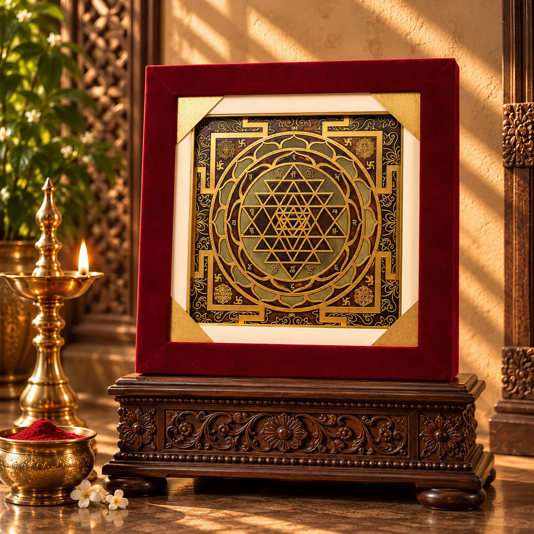 Mahalakshmi Dhan Kumbh Shri Yantra on a carved wooden seat