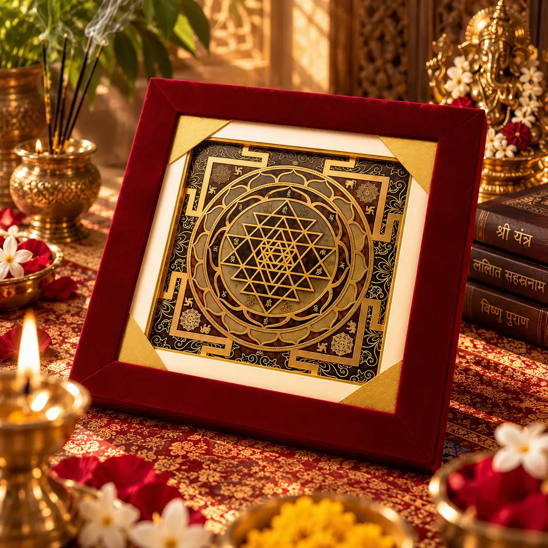 Mahalakshmi Dhan Kumbh Shri Yantra, velvet frame on red silk