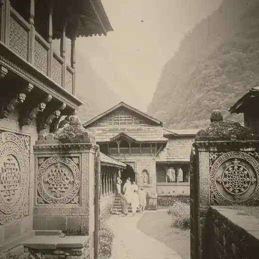 Archival 1968 photograph of the ashram path: carved yantra medallions, wooden balcony, hills behind the shrine.