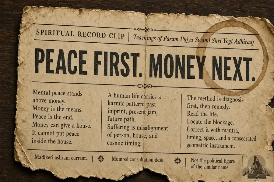 Ashram teaching note: Peace first. Money next. Madikeri ashram current and Mumbai consultation desk.