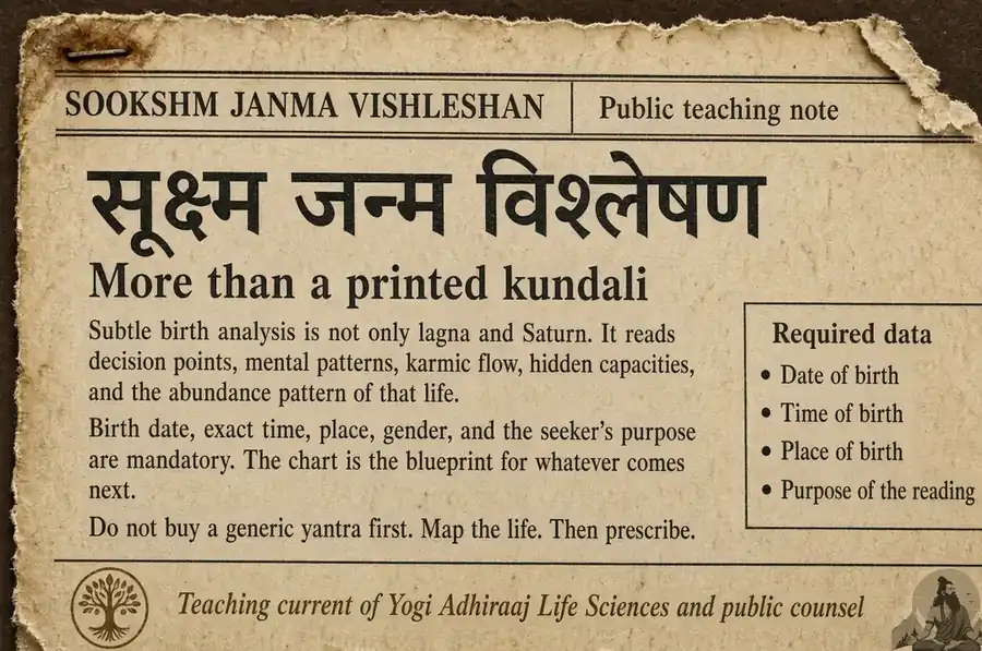 Public teaching note on Sookshm Janma Vishleshan: more than a printed kundali, with required birth data.