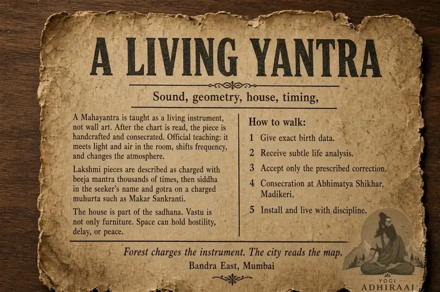 Ashram note: a living yantra. Sound, geometry, house, timing. How to walk in five steps.