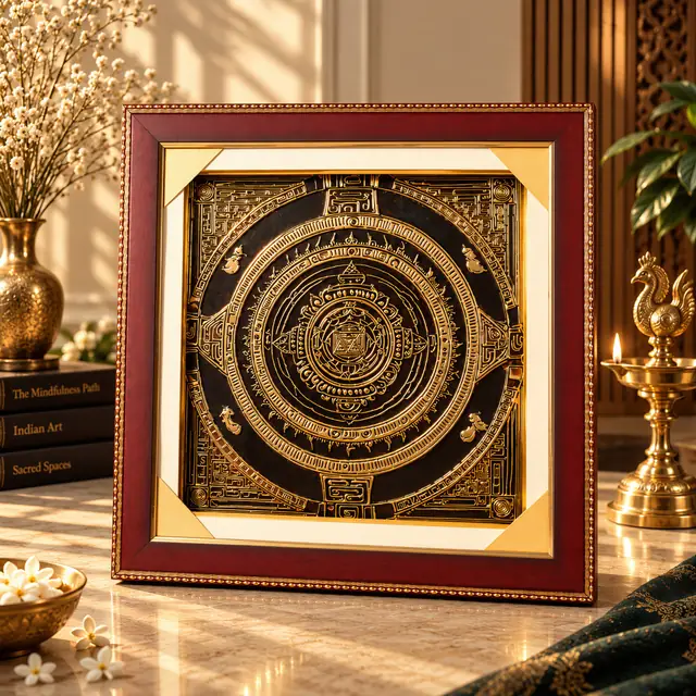 Dhan Aakarshan Mahayantra in a maroon and gold frame